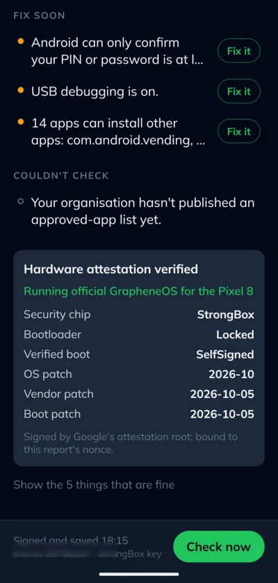 Hardware attestation verified: StrongBox security chip, bootloader locked, official GrapheneOS for the Pixel 8, with patch levels.