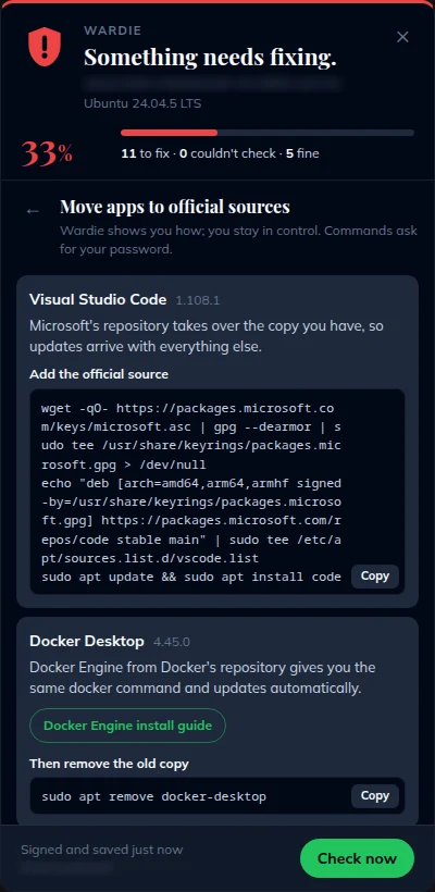 Wardie's Fix it sheet for apps installed by hand, with steps to move each app to an official source.