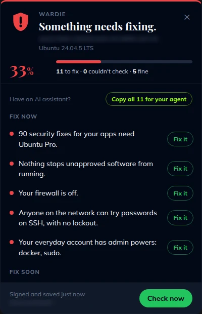 The Wardie panel on an Ubuntu laptop: a 33% score, a red shield, and five things to fix now, each with a Fix it button.