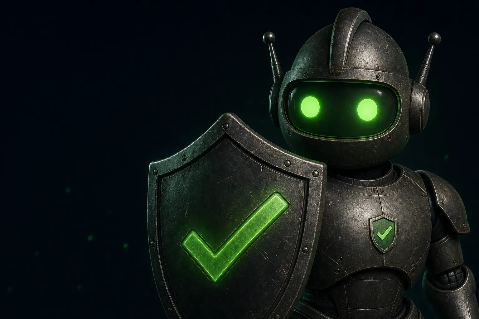 The Wardie Agent: a friendly robot knight in worn gunmetal armour, its visor glowing green, holding up a battered shield with a glowing green tick.